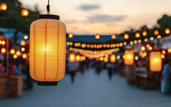 Lanterns illuminating festive pathway at sunset
