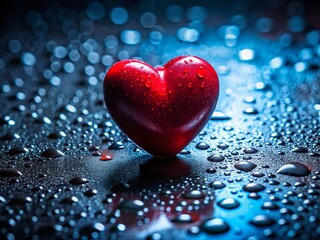 Fototapeta premium Silhouette of Red Heart on Wet Ground, Rainy Day Romance