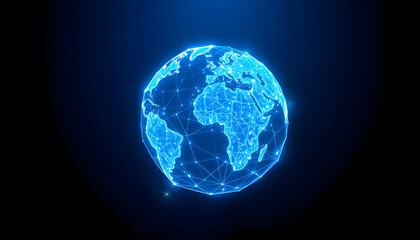 Glowing blue polygonal earth hologram with lines and sparkles on dark background. Metaverse and global world concept. 3D Rendering, realistic, with white tones