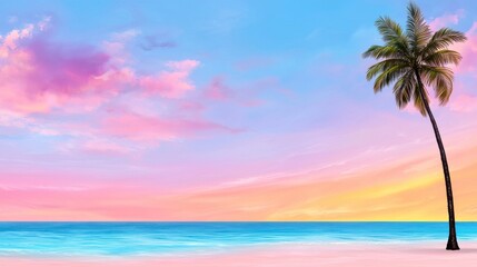 Vibrant Tropical Beach Sunset with Palm Tree and Colorful Sky