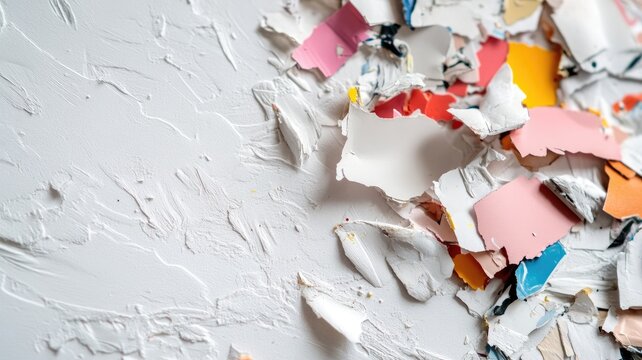 Close-up of colorful paper scraps on textured white surface