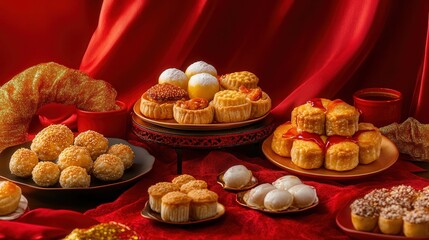 Chinese New Year pastries including sesame balls, egg custard tarts, and mung bean cakes, set against red silk fabric and gold decorations.