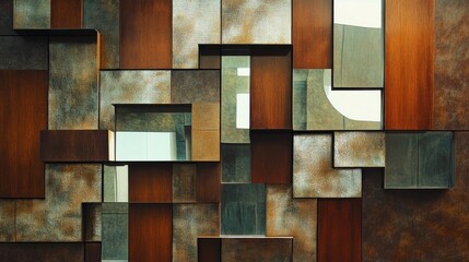 Abstract geometric wall of rusted metal and glass panels.