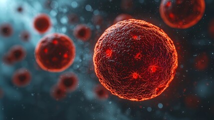 Naklejka premium Close-up view of vibrant red cancer cells engaging in a digital setting