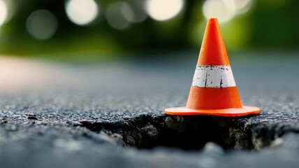 Traffic cone in pothole on asphalt road, blurry green background