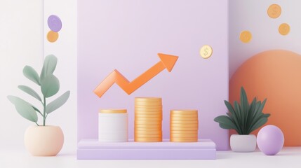 Fototapeta premium Coin stack growth chart with increasing arrow. Finance, capital and money increase concept. 3d vector icon. Cartoon minimal style.