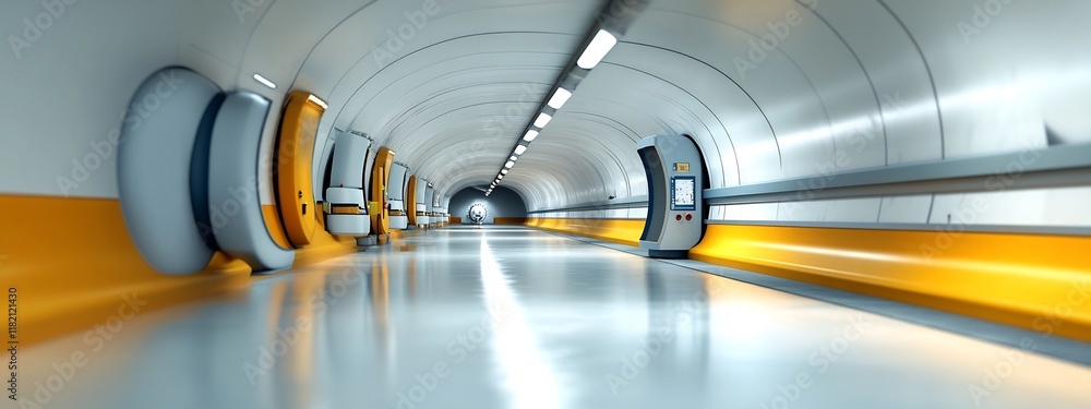 Poster a 3d rendered image of a sleek modern particle accelerator tunnel showcasing the dynamic and geometr