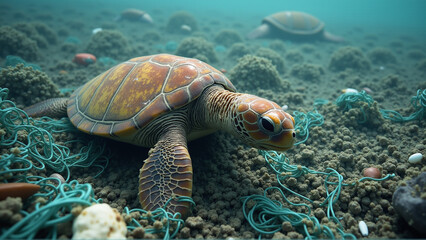Fototapeta premium Sea Turtle on the Ocean Floor: Struggling in a Sea of Trash