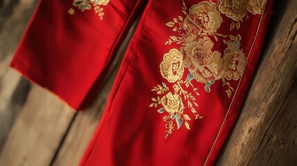 Chinese New Year pants in vibrant red with subtle golden floral embroidery and traditional motifs