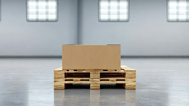 An empty warehouse filled with wooden pallets scattered around, featuring a cardboard box placed right in the center, all illuminated by daylight