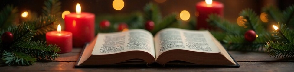 Flickering candles illuminate a vintage hymn book with Christmas foliage, seasonal, candles, greenery