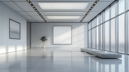 Wide angle photography of a bright minimalist art gallery interior space