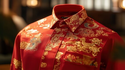 Chinese New Year shirt adorned with intricate golden zodiac patterns and a tailored, classic design