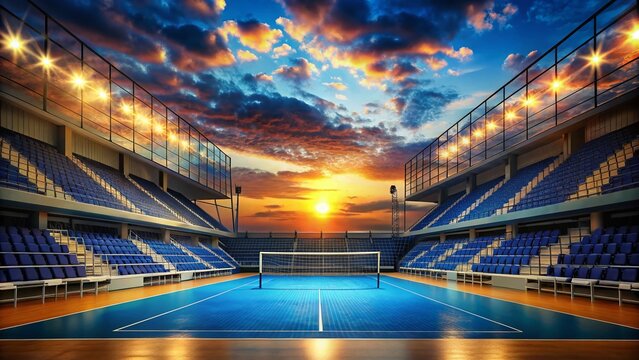 Silhouette of Volleyball Arena: Sky Blue Seats & VIP Boxes at Sunset - Powered by Adobe