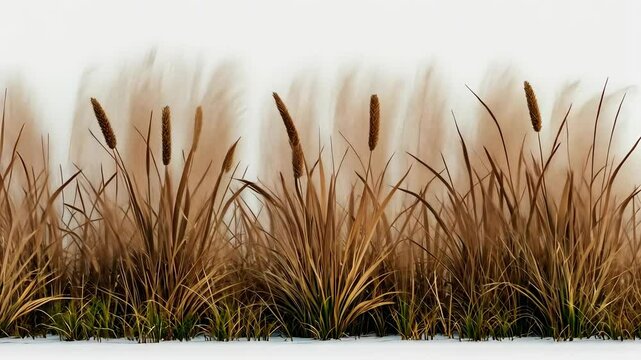 Natural scenery showcasing tall grass and cattails swaying in the breeze during golden hour in a serene landscape