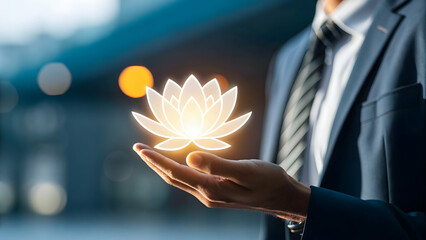 Businessman Holding Glowing Lotus Flower in Modern Urban Setting