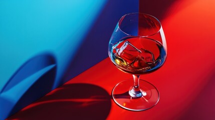 Brandy glass with ice on red and blue background.