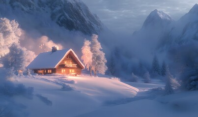 Remote Chalets Amidst a Deep Snow Landscape in a Picturesque Winter Setting