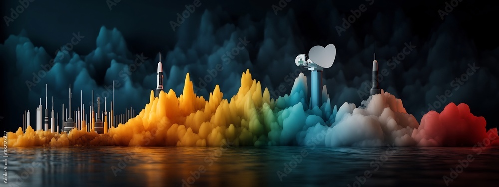 Poster a vibrant and dynamic 3d rendered depicting the launch of a spacecraft into a colorful cloud filled 