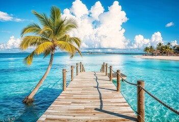 Wooden pier leading to a tropical beach with turquoise waters under a blue sky with fluffy white...