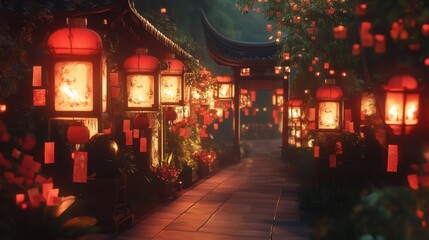 Obraz premium Chinese lanterns illuminating a pathway, surrounded by red envelopes and auspicious decorations