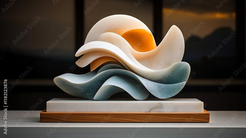 Poster ethereal and captivating marble sculpture with fluid abstract forms interplay of white gray and soft