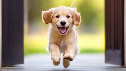 Golden Puppy Running Towards Door - Joyful, playful, energetic, adorable golden retriever puppy running, happiness