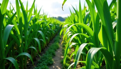 Obraz premium lush green sugar cane bush in foreground amidst fields, foliage, sugar cane