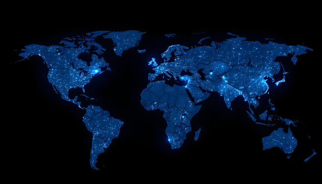Fototapeta Earth Communications network map of the world. Dark blue background map world global logistics network, Side lit, with white tones