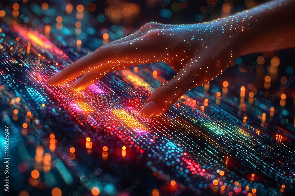 Poster a hand engages with futuristic technology in an interactive light display