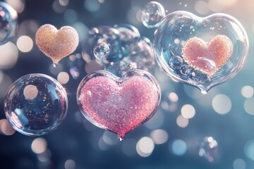 Obraz premium Floating Hearts in Bubbles: Captivating and Dreamy Imagery for Love and Affection Themes.