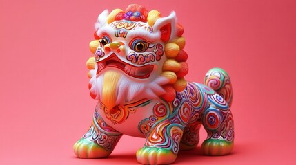 toy lion for Chinese New Year with bright colors, intricate patterns, and a soft, fluffy exterior