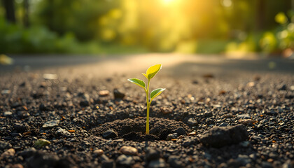 A seedling grows through the asphalt , safe nature earth day concept, graphic novel art, with white tones
