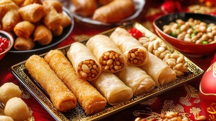Chinese pastries, including sugar-coated peanuts and crispy spring rolls, surrounded by red and gold decorations.