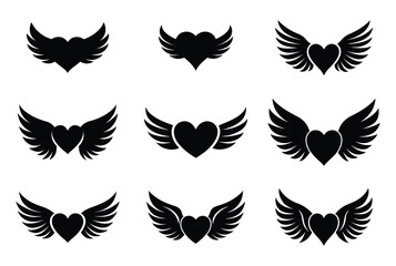 Set of black heart with wings on white background. Silhouette heart icon with two wings.