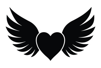 Black heart with wings on white background. Silhouette heart icon with two wings. Love heart with wings vector icon design