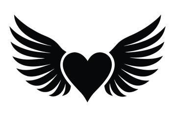 Black heart with wings on white background. Silhouette heart icon with two wings. Love heart with wings vector icon design