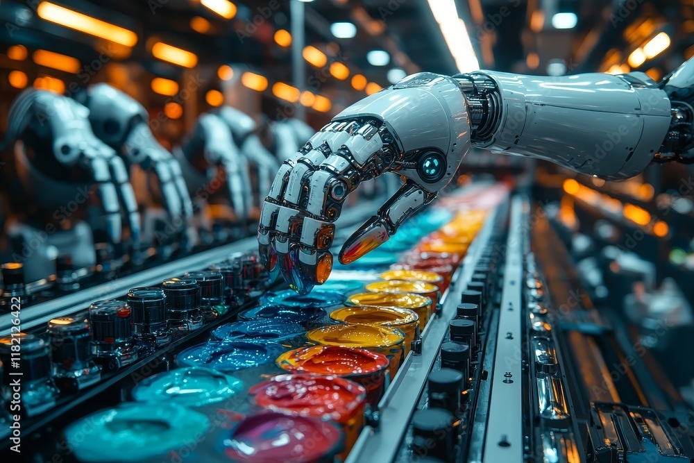 Poster robotic hands meticulously working with an abstract paint canvas