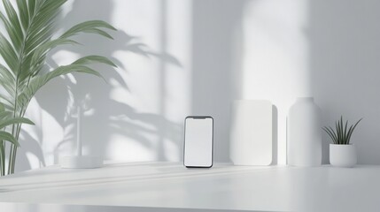 Minimalist phone mockup, sunlit room, white decor, product display