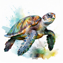 Fototapeta premium Watercolor turtle, sea animal, ocean and marine life creature, white background. Ocean reptile.