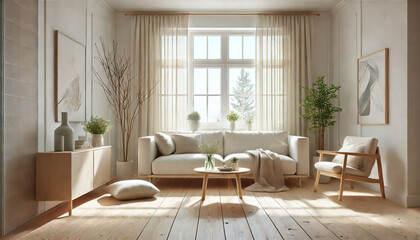 Fototapeta premium Stylish apartment interior, wooden flooring, white walls,