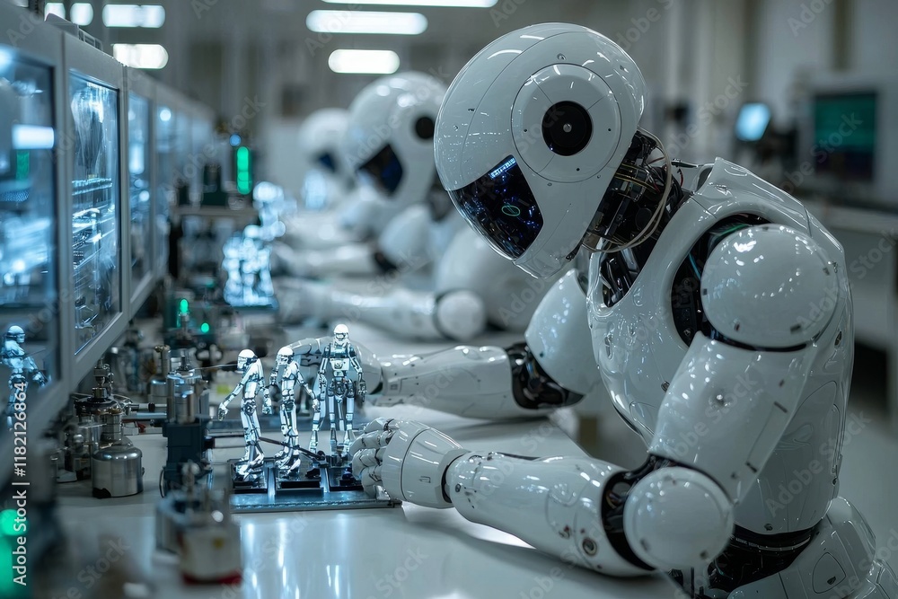 Poster large humanoid robots and小型 robots engaging in a modern laboratory under turquoise lighting