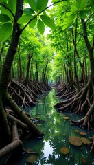 Obraz premium Mangrove forest with tangled roots and branches, natural habitat, forest, tropical vegetation