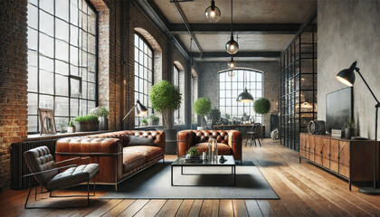 Stylish apartment interior, wooden flooring, white walls,