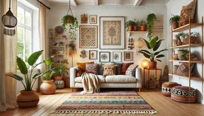 Stylish apartment interior, wooden flooring, white walls,