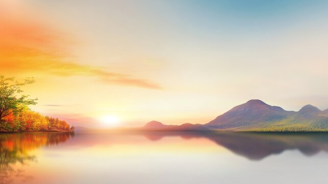 Golden Sunrise Paints Calm Lake Mirroring Mountains - Serene autumn landscape, golden sunrise reflecting on calm lake waters, mirroring majestic mountains. Symbolizing peace, tranquility, nature's bea