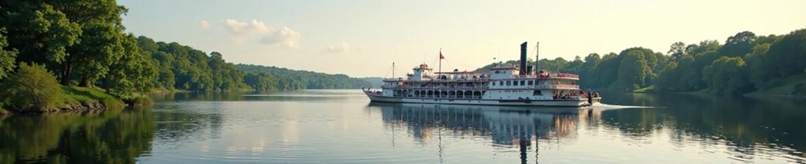 Fototapeta premium Mississippi River paddle wheel steamboat on calm waters, landscape, stillness