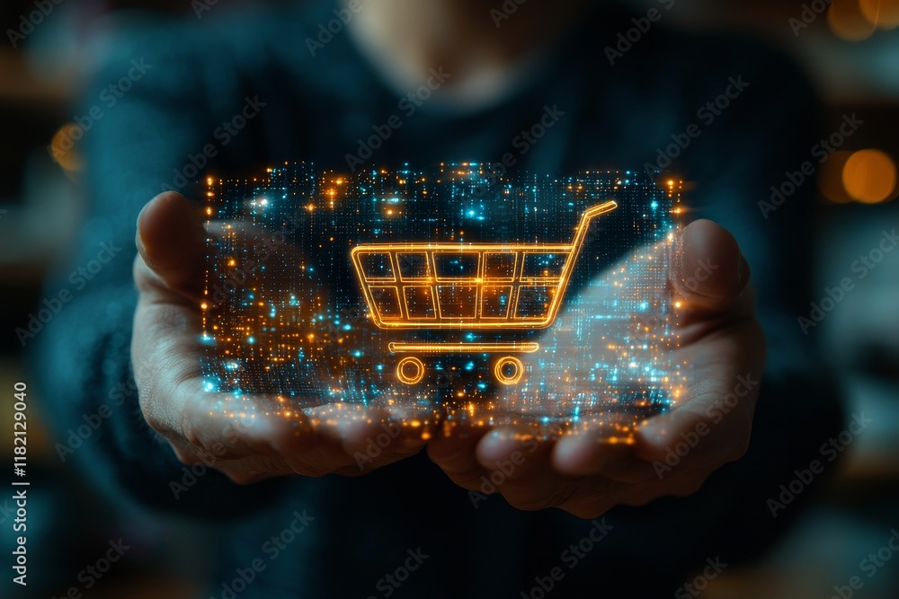 Poster hand interacting with digital shopping cart icons in a futuristic style with glowing elements on a b