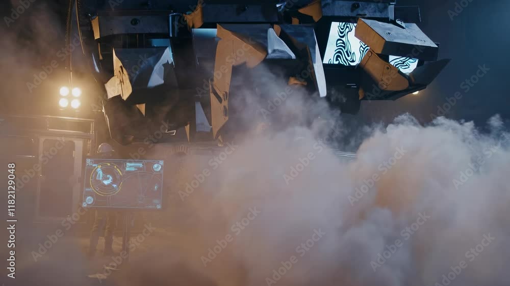 Poster heavy machinery operates in dimly lit environment with advanced technology at mining site during nig