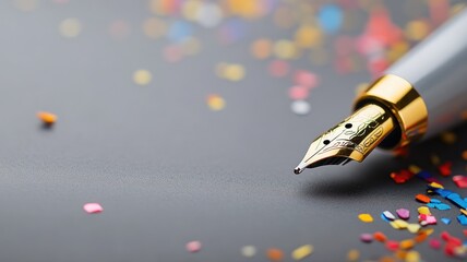 Elegant fountain pen with gold nib and colorful confetti